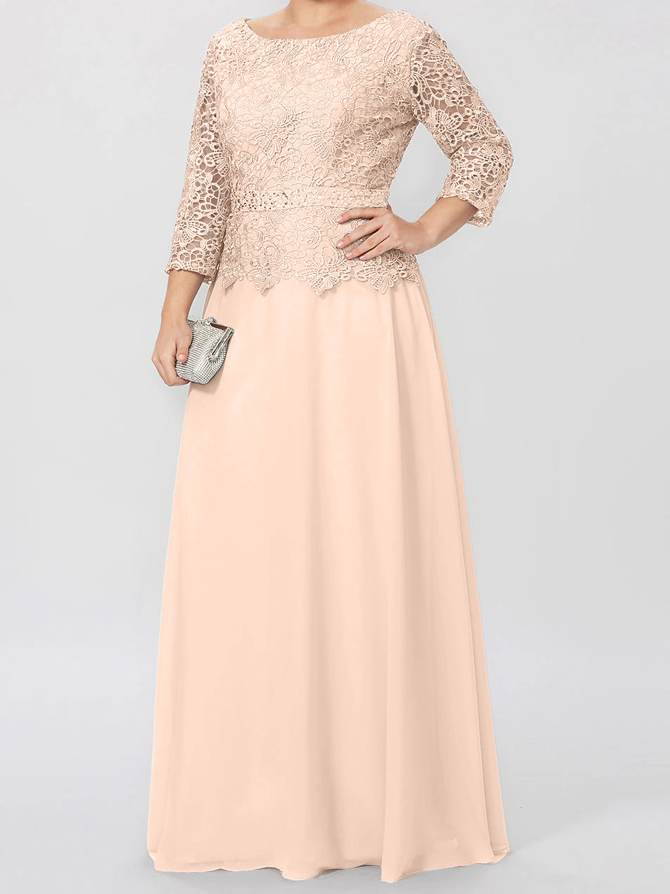 Long A Line Gown with Round Neck and 3/4 Sleeves Embellished with Applique & Sequins