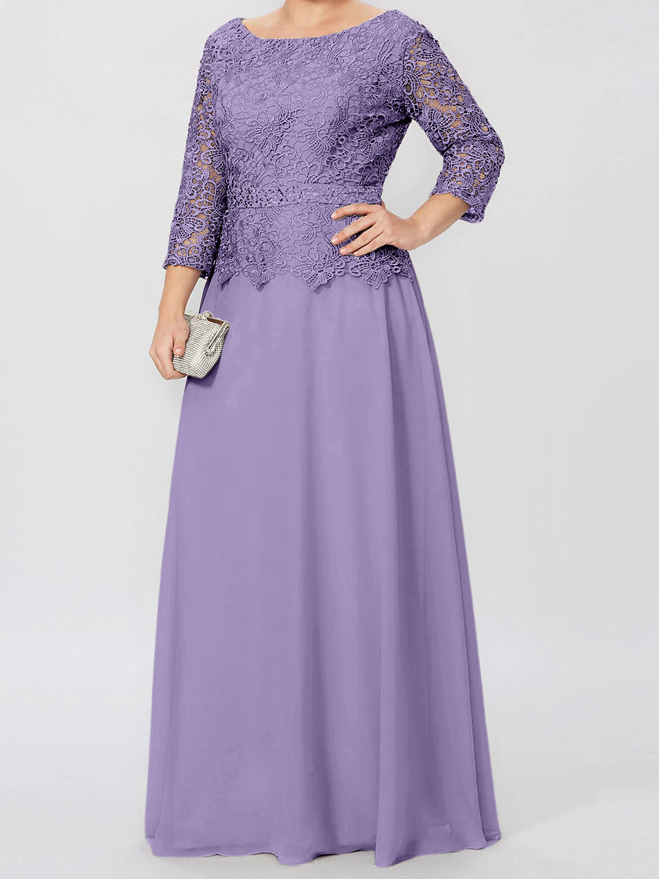 Long A Line Gown with Round Neck and 3/4 Sleeves Embellished with Applique & Sequins