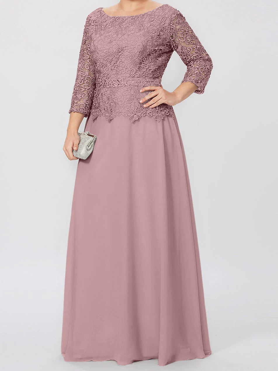 Long A Line Gown with Round Neck and 3/4 Sleeves Embellished with Applique & Sequins