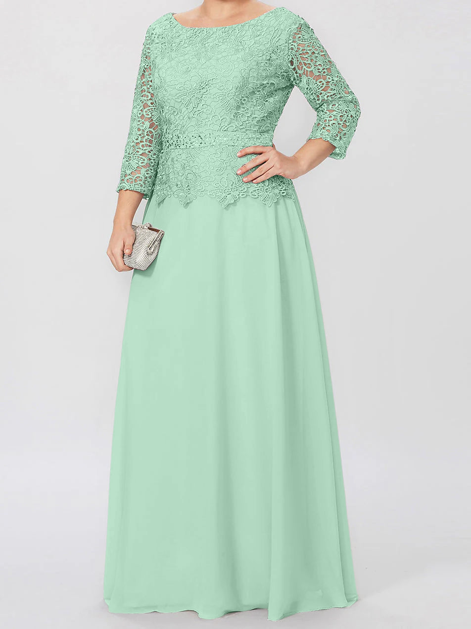 Long A Line Gown with Round Neck and 3/4 Sleeves Embellished with Applique & Sequins