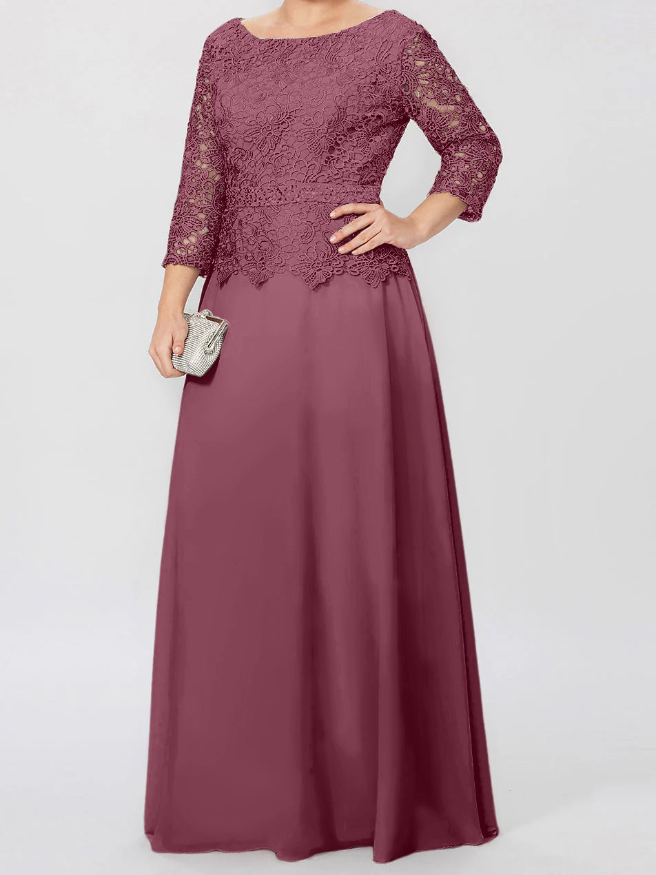 Long A Line Gown with Round Neck and 3/4 Sleeves Embellished with Applique & Sequins