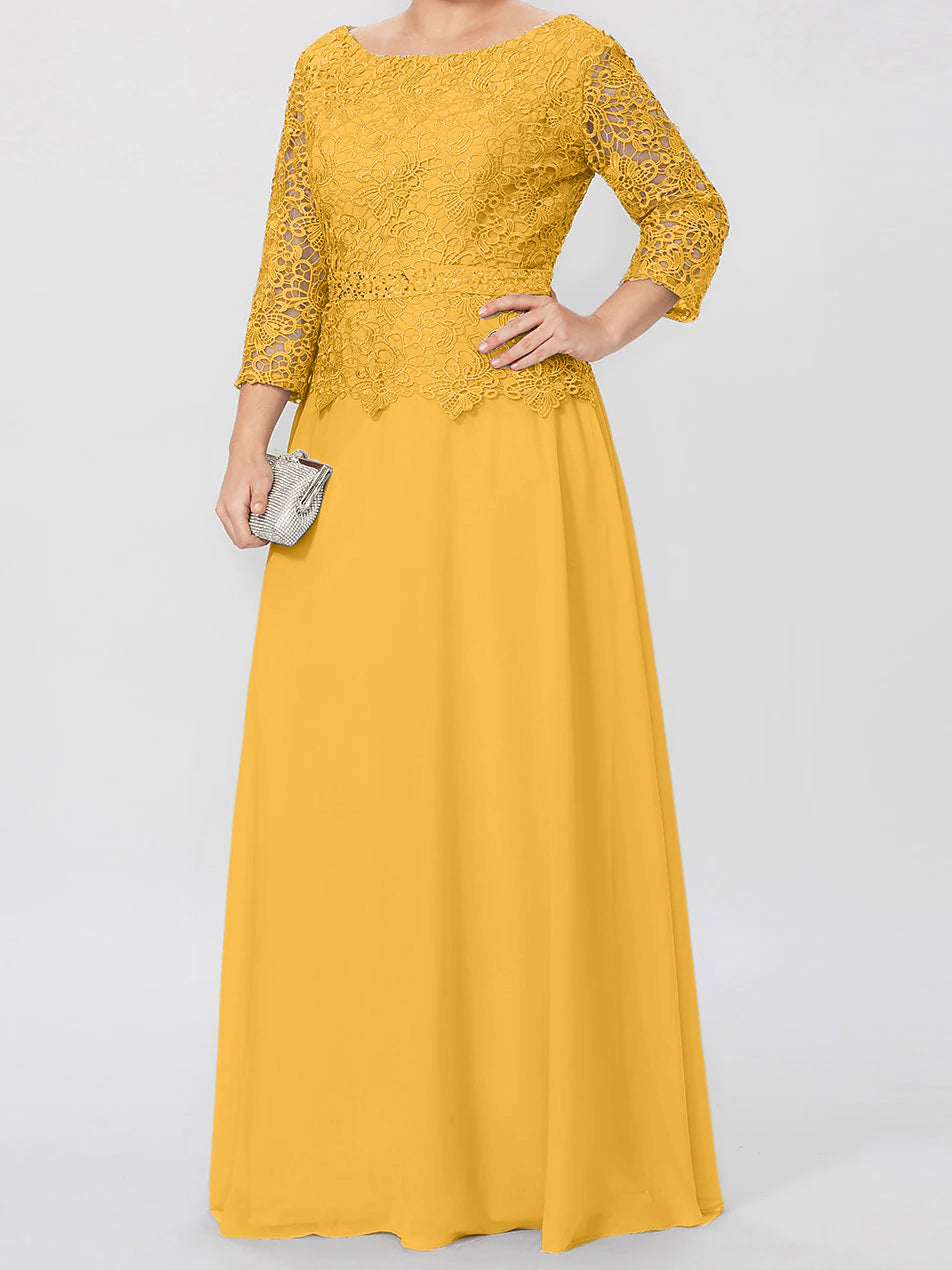 Long A Line Gown with Round Neck and 3/4 Sleeves Embellished with Applique & Sequins