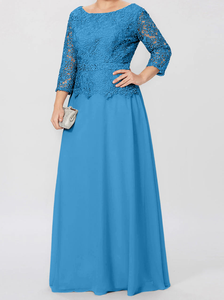Long A Line Gown with Round Neck and 3/4 Sleeves Embellished with Applique & Sequins