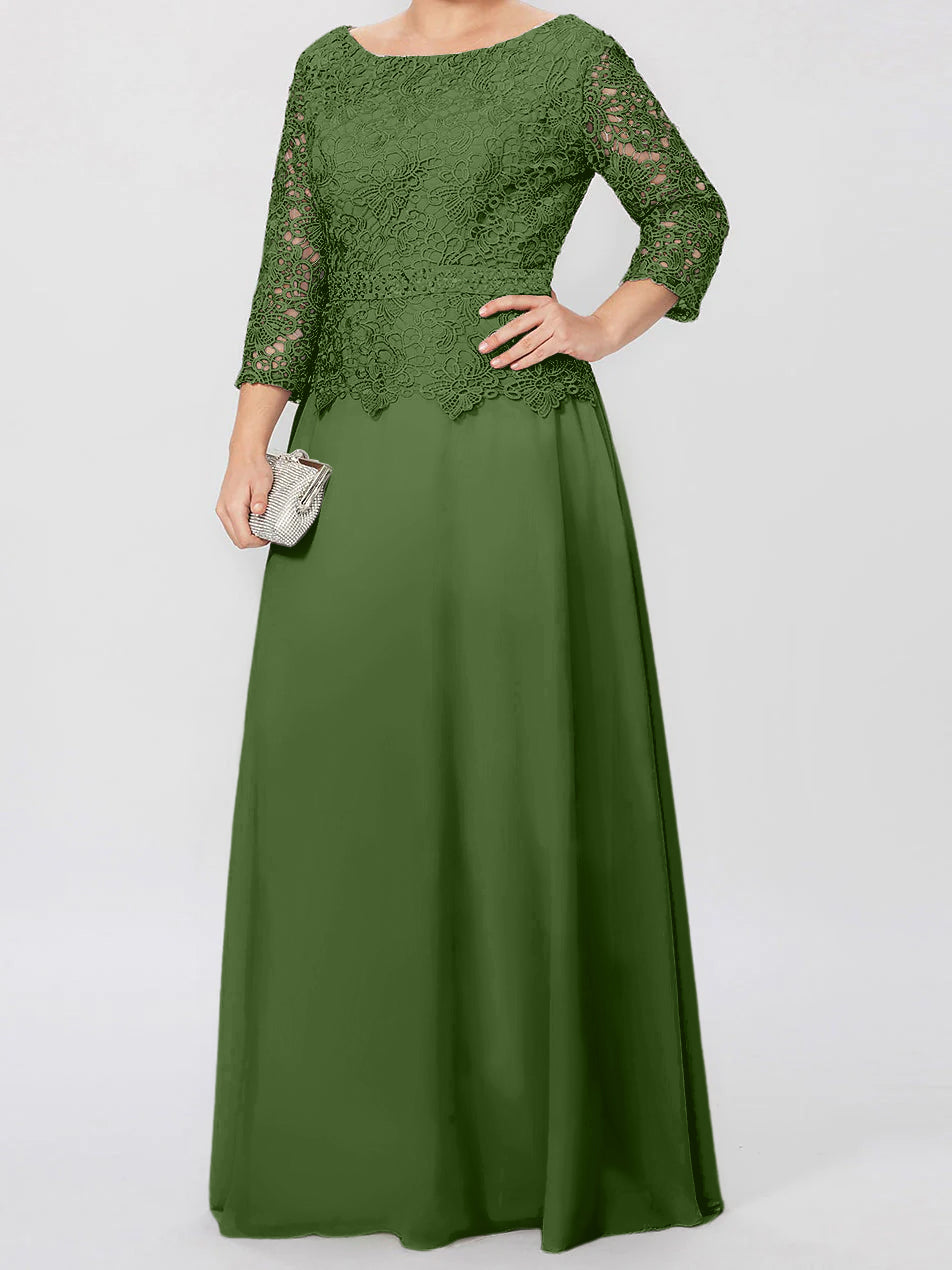 Long A Line Gown with Round Neck and 3/4 Sleeves Embellished with Applique & Sequins