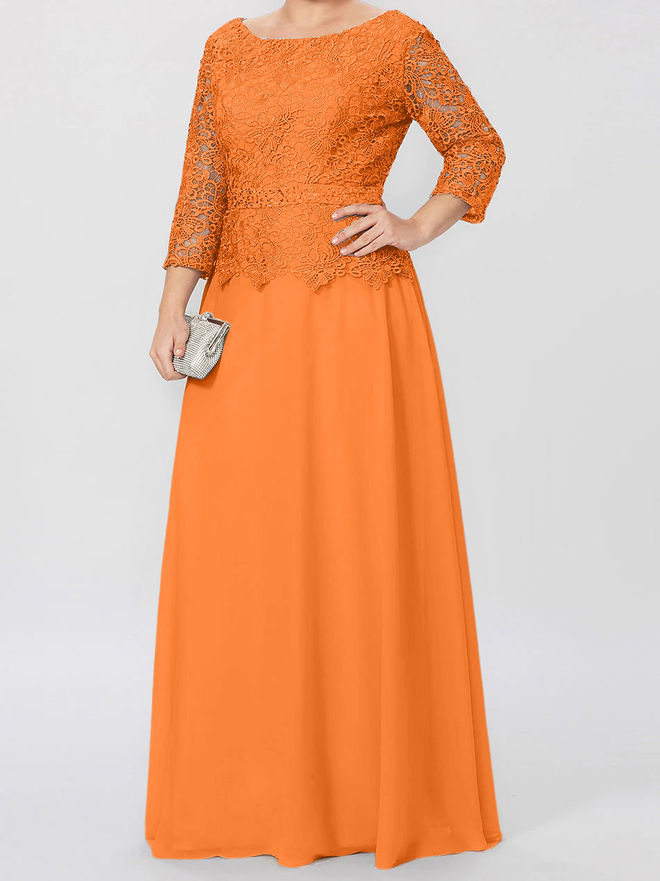Long A Line Gown with Round Neck and 3/4 Sleeves Embellished with Applique & Sequins