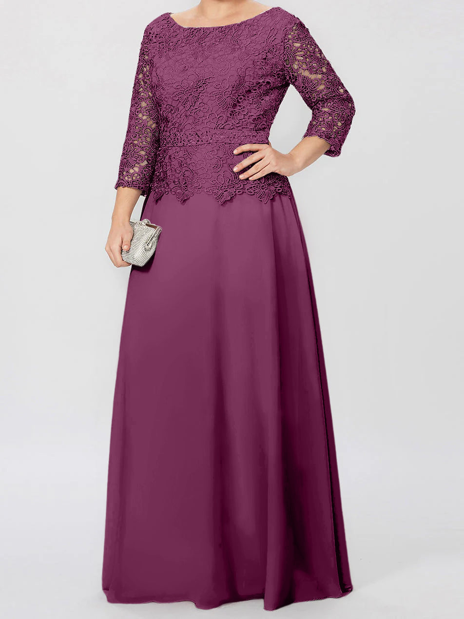 Long A Line Gown with Round Neck and 3/4 Sleeves Embellished with Applique & Sequins