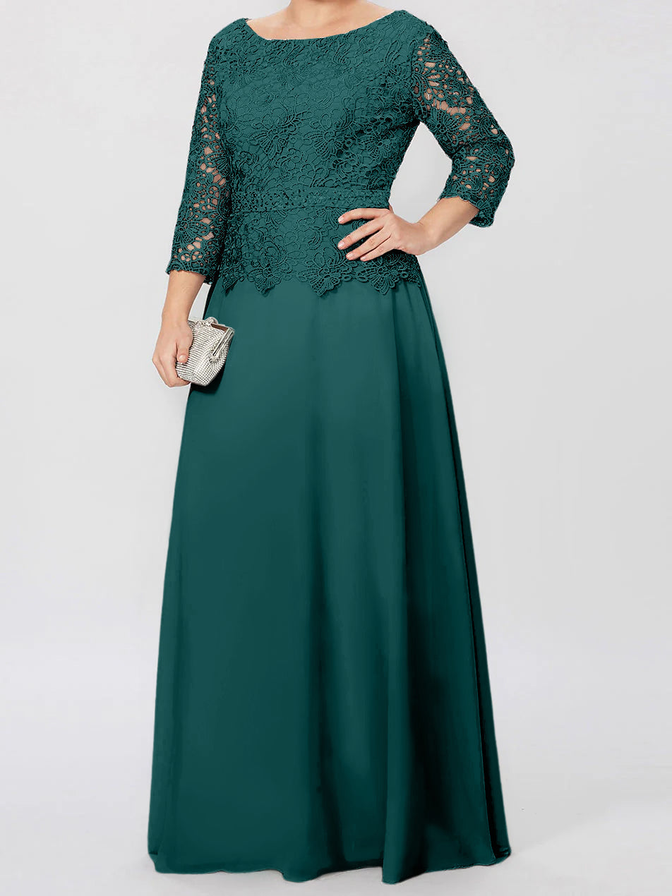 Long A Line Gown with Round Neck and 3/4 Sleeves Embellished with Applique & Sequins