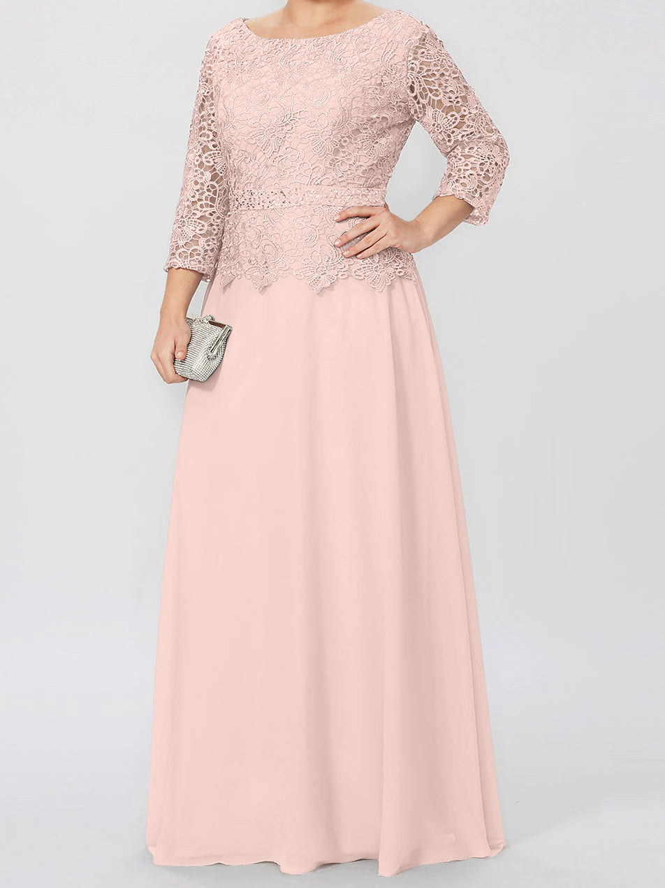 Long A Line Gown with Round Neck and 3/4 Sleeves Embellished with Applique & Sequins
