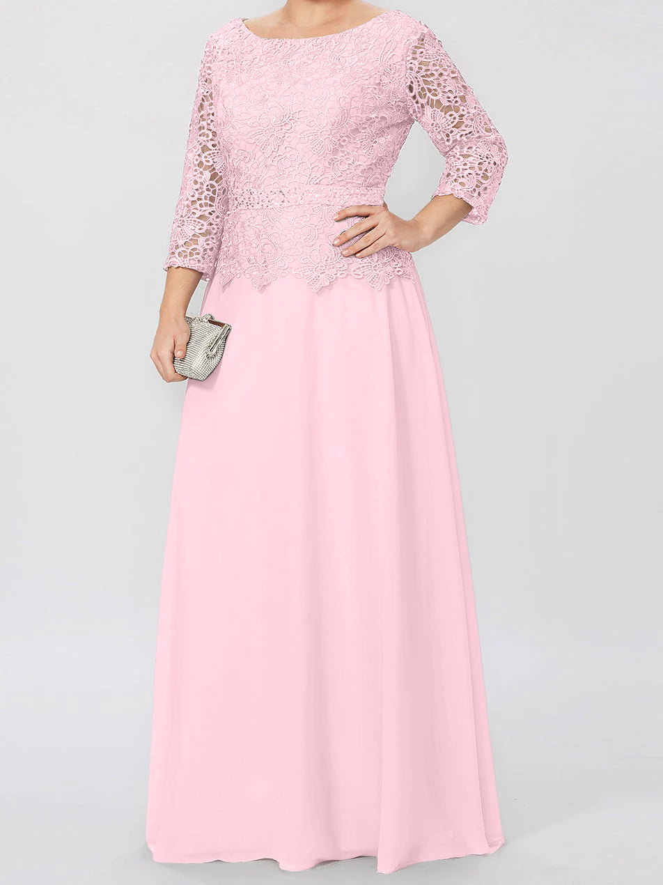 Long A Line Gown with Round Neck and 3/4 Sleeves Embellished with Applique & Sequins