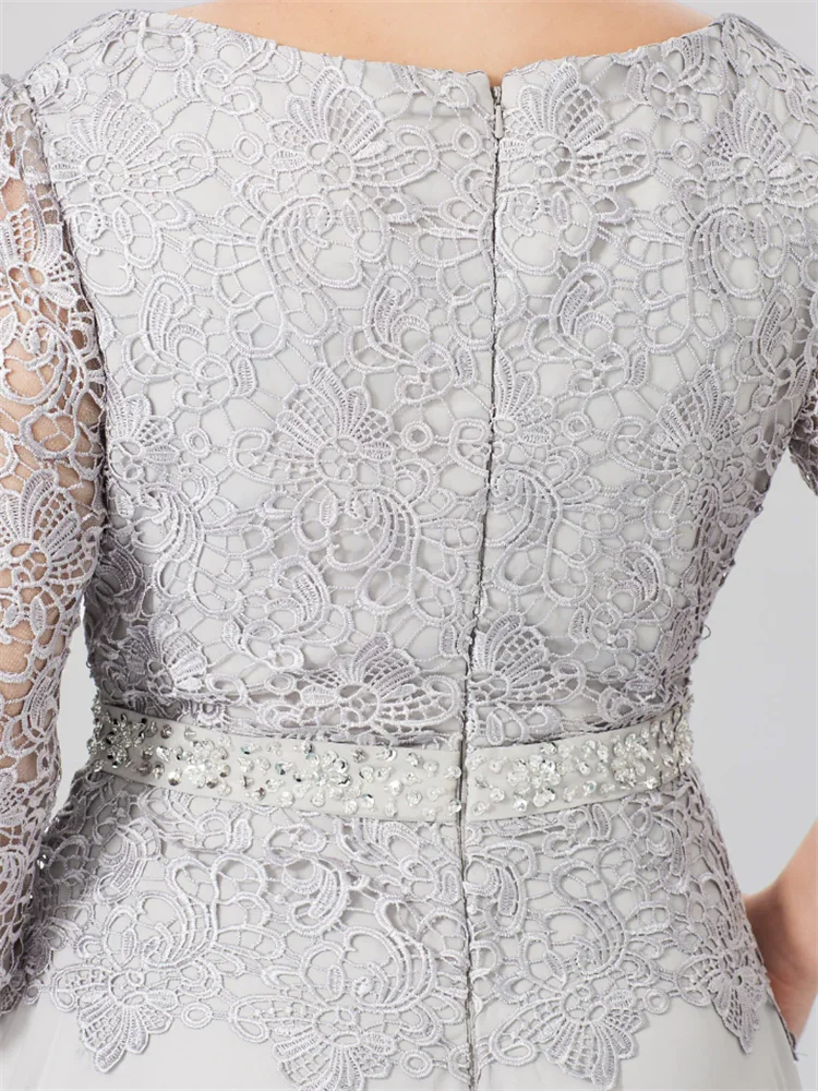 Long A Line Gown with Round Neck and 3/4 Sleeves Embellished with Applique & Sequins