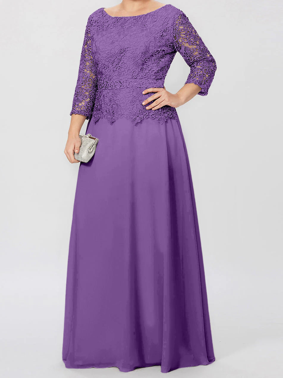 Long A Line Gown with Round Neck and 3/4 Sleeves Embellished with Applique & Sequins