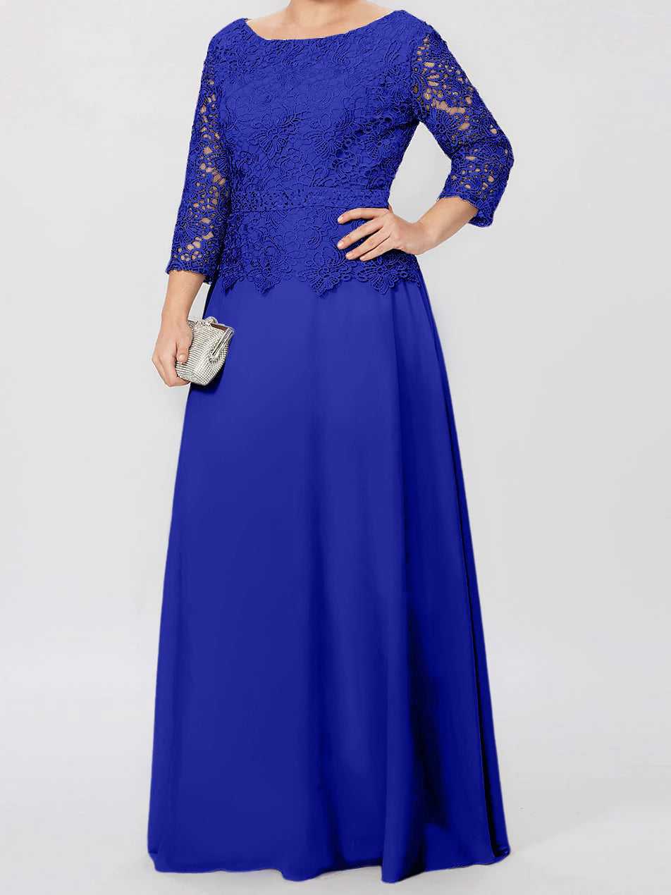 Long A Line Gown with Round Neck and 3/4 Sleeves Embellished with Applique & Sequins