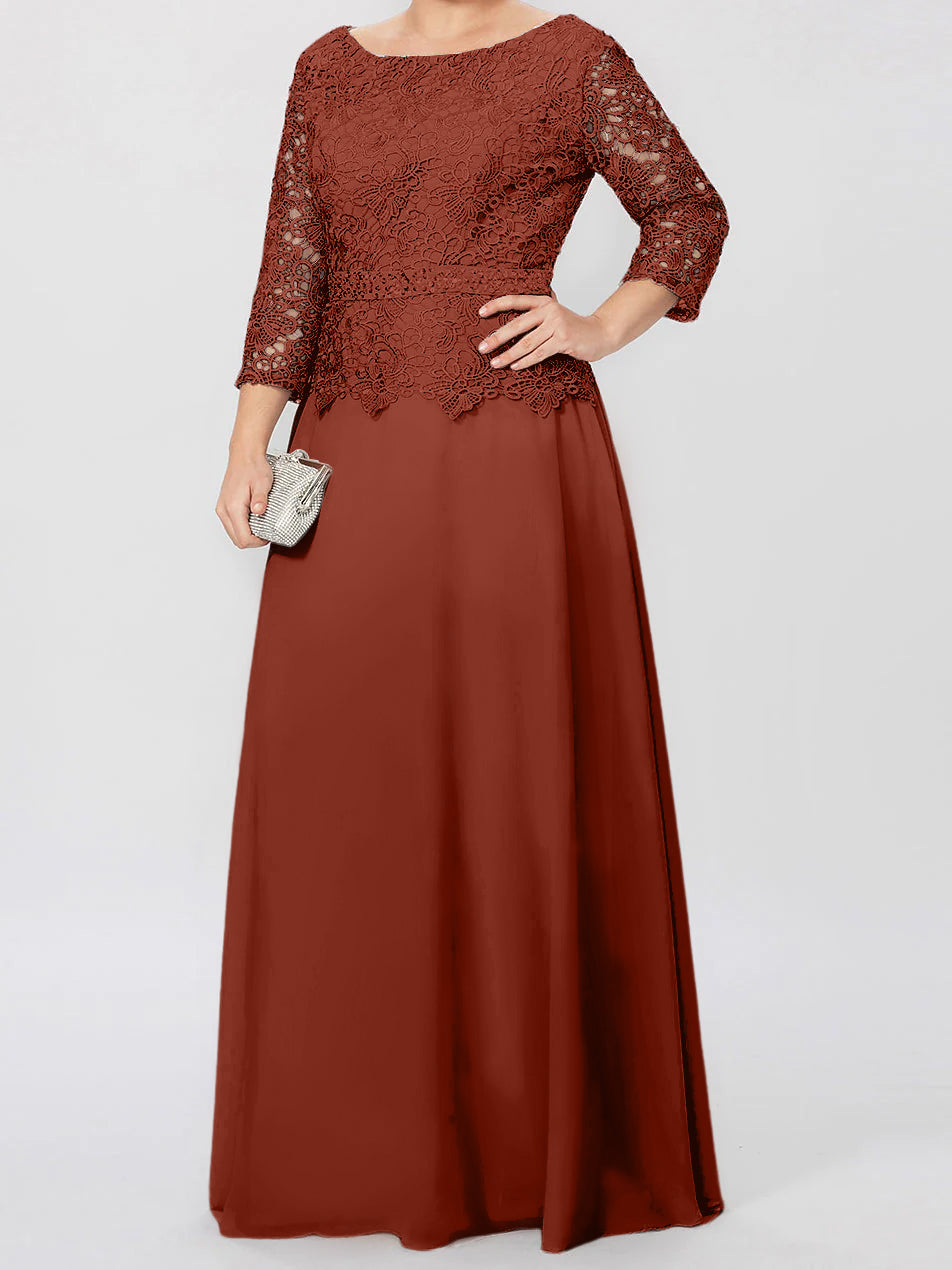 Long A Line Gown with Round Neck and 3/4 Sleeves Embellished with Applique & Sequins