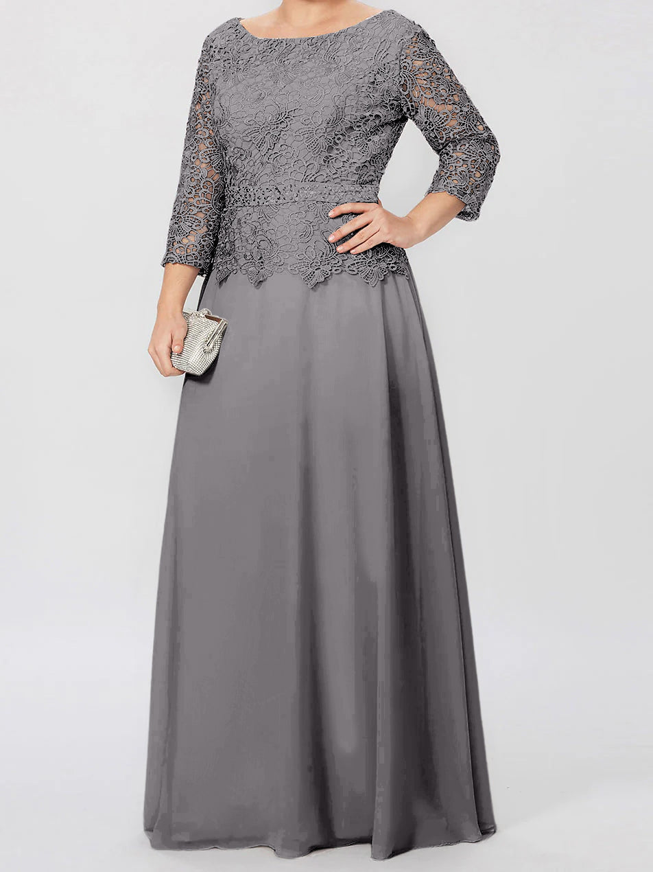 Long A Line Gown with Round Neck and 3/4 Sleeves Embellished with Applique & Sequins