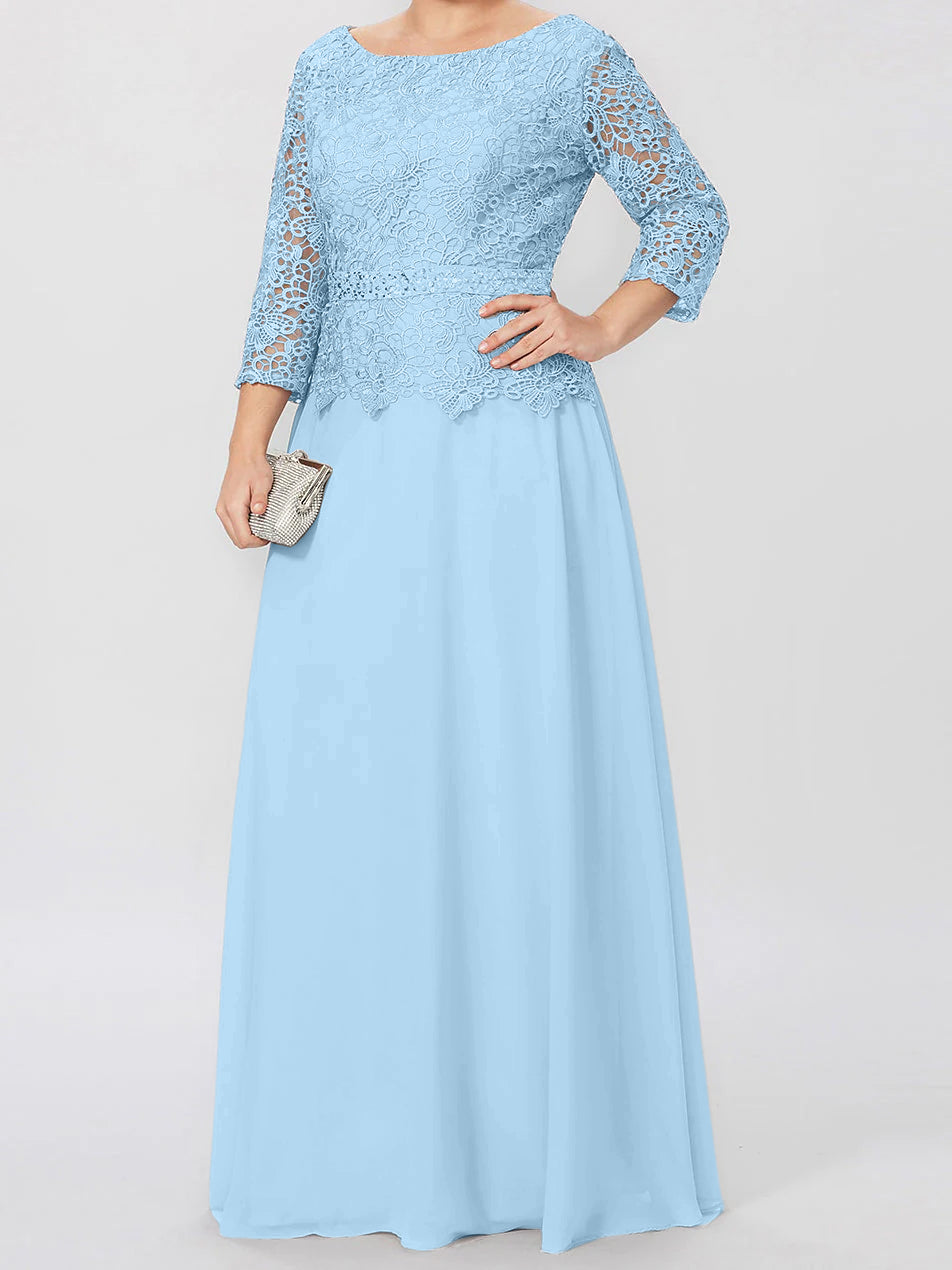Long A Line Gown with Round Neck and 3/4 Sleeves Embellished with Applique & Sequins