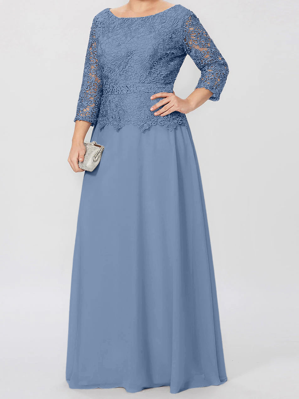Long A Line Gown with Round Neck and 3/4 Sleeves Embellished with Applique & Sequins