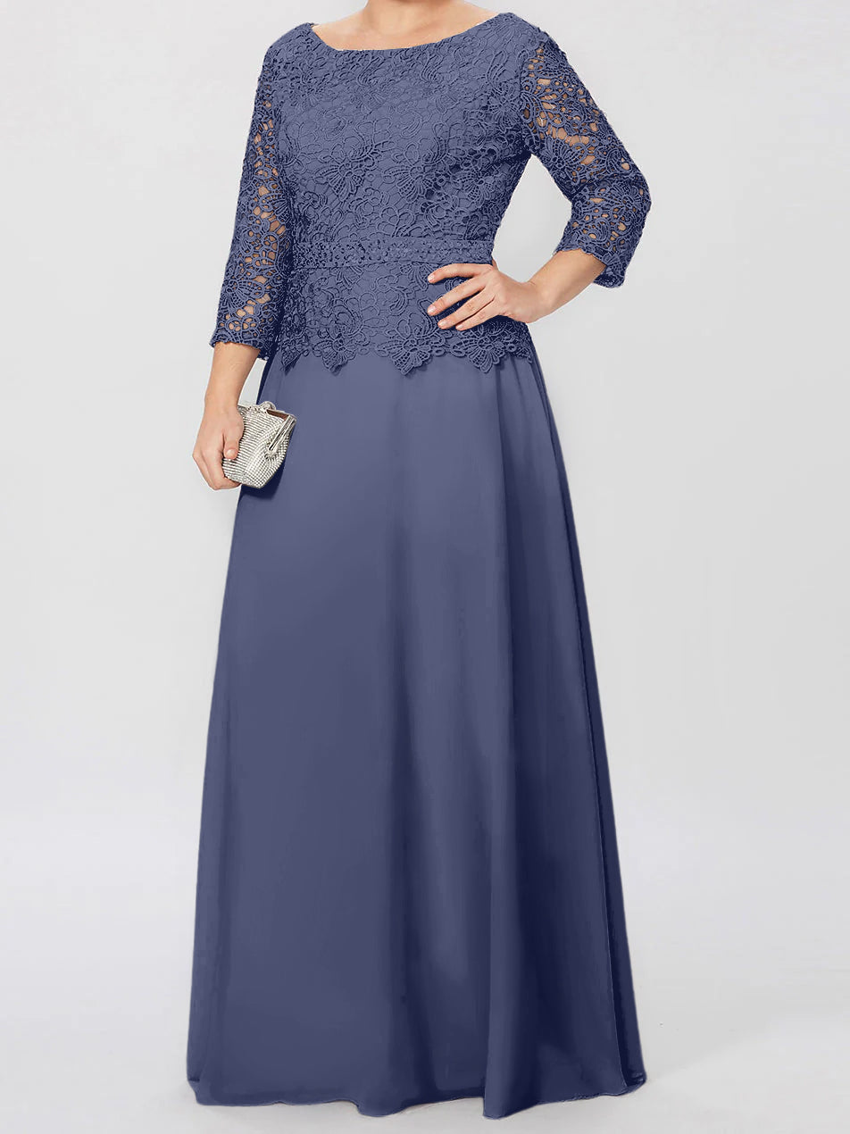 Long A Line Gown with Round Neck and 3/4 Sleeves Embellished with Applique & Sequins