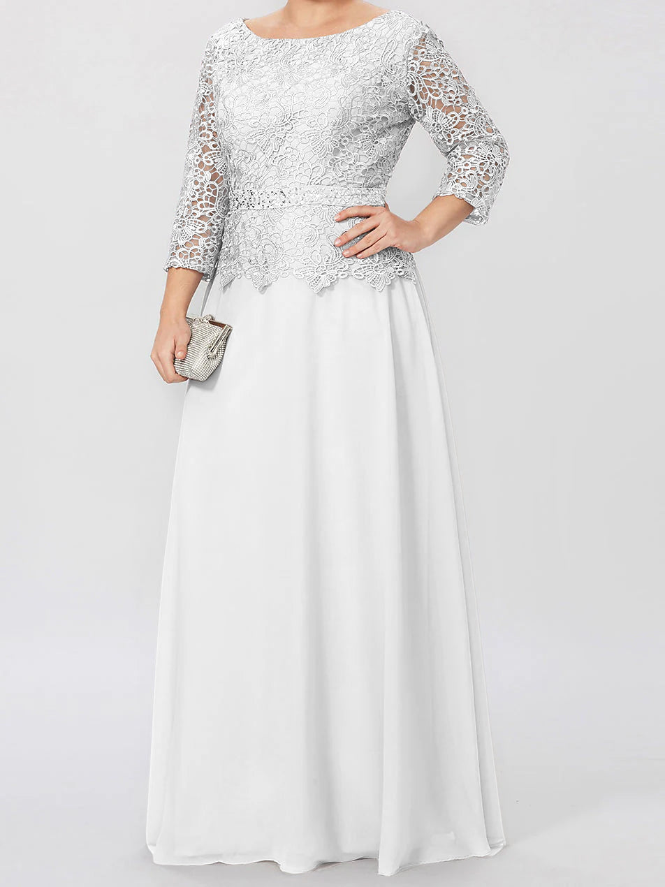 Long A Line Gown with Round Neck and 3/4 Sleeves Embellished with Applique & Sequins