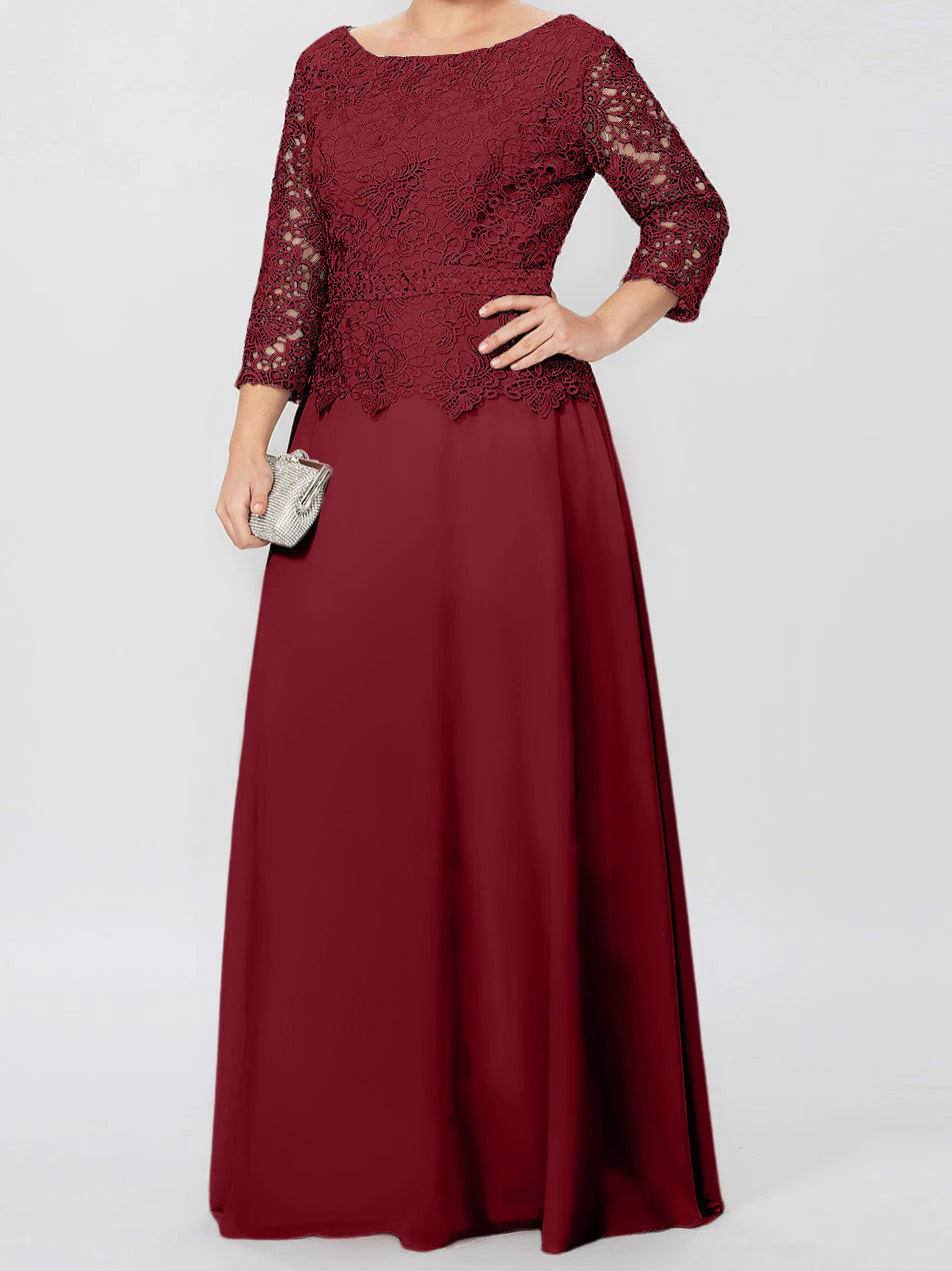 Long A Line Gown with Round Neck and 3/4 Sleeves Embellished with Applique & Sequins