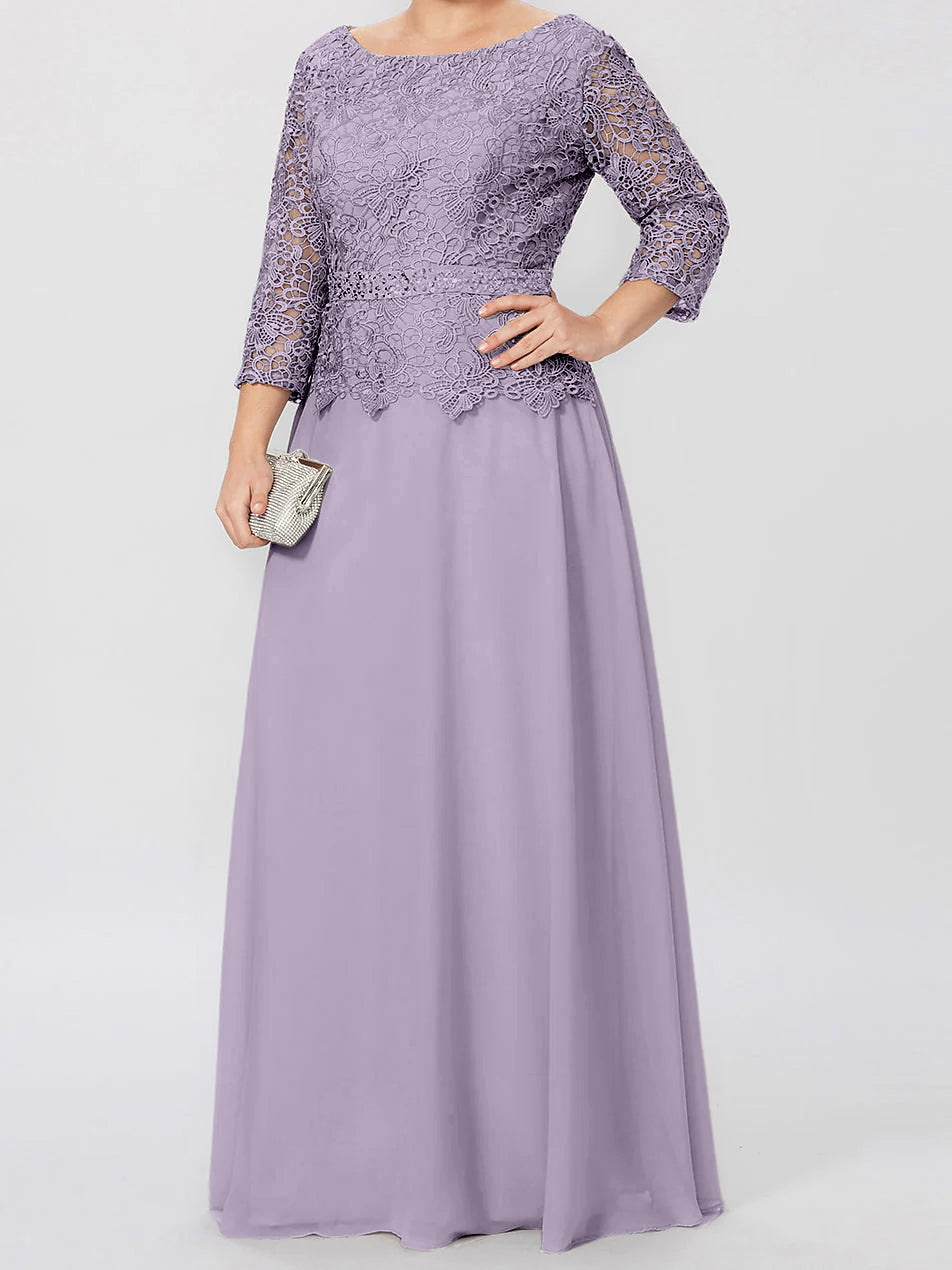 Long A Line Gown with Round Neck and 3/4 Sleeves Embellished with Applique & Sequins