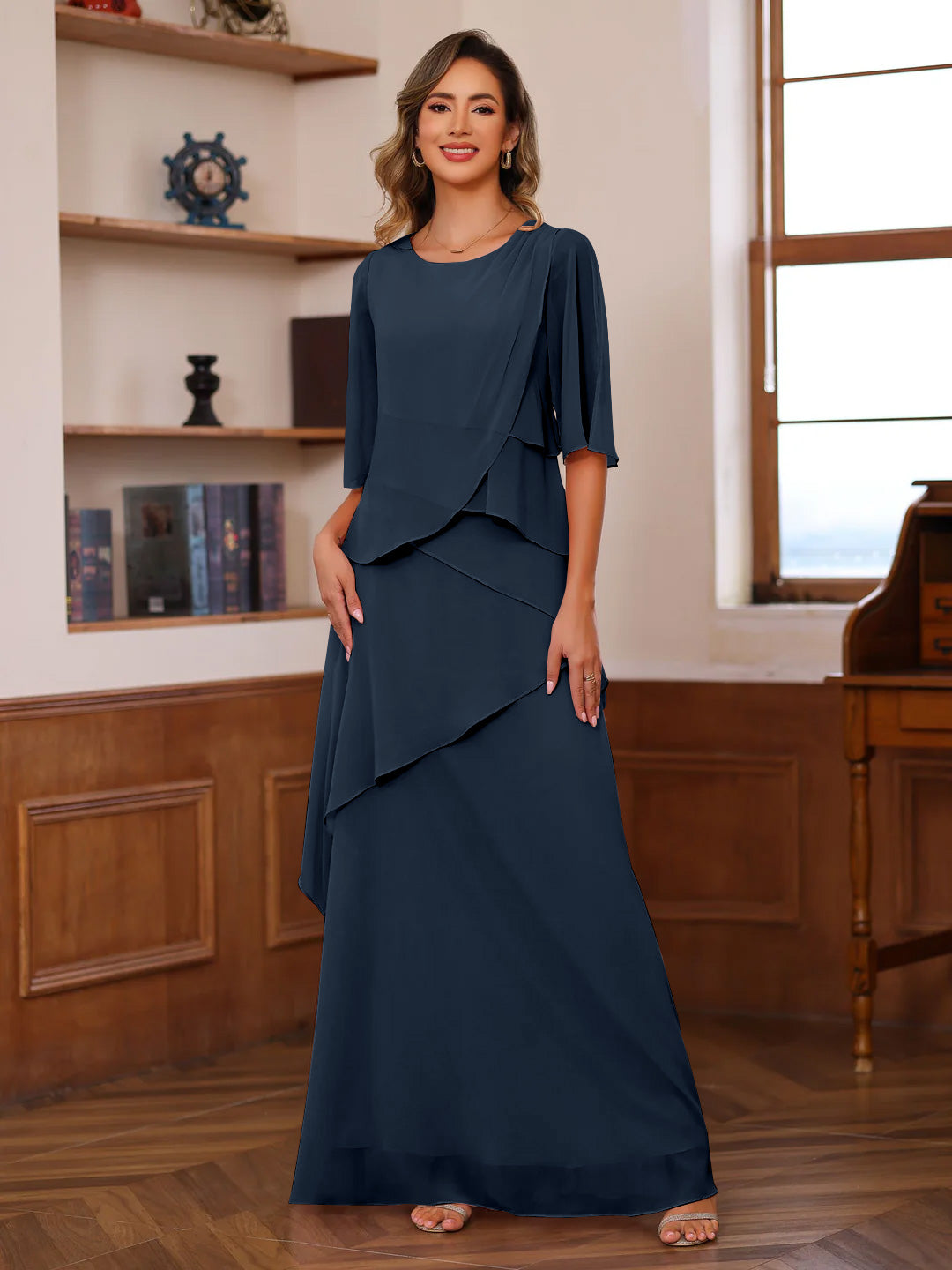 Long A Line Gown with Scoop Neck and Ruffled Half Sleeves