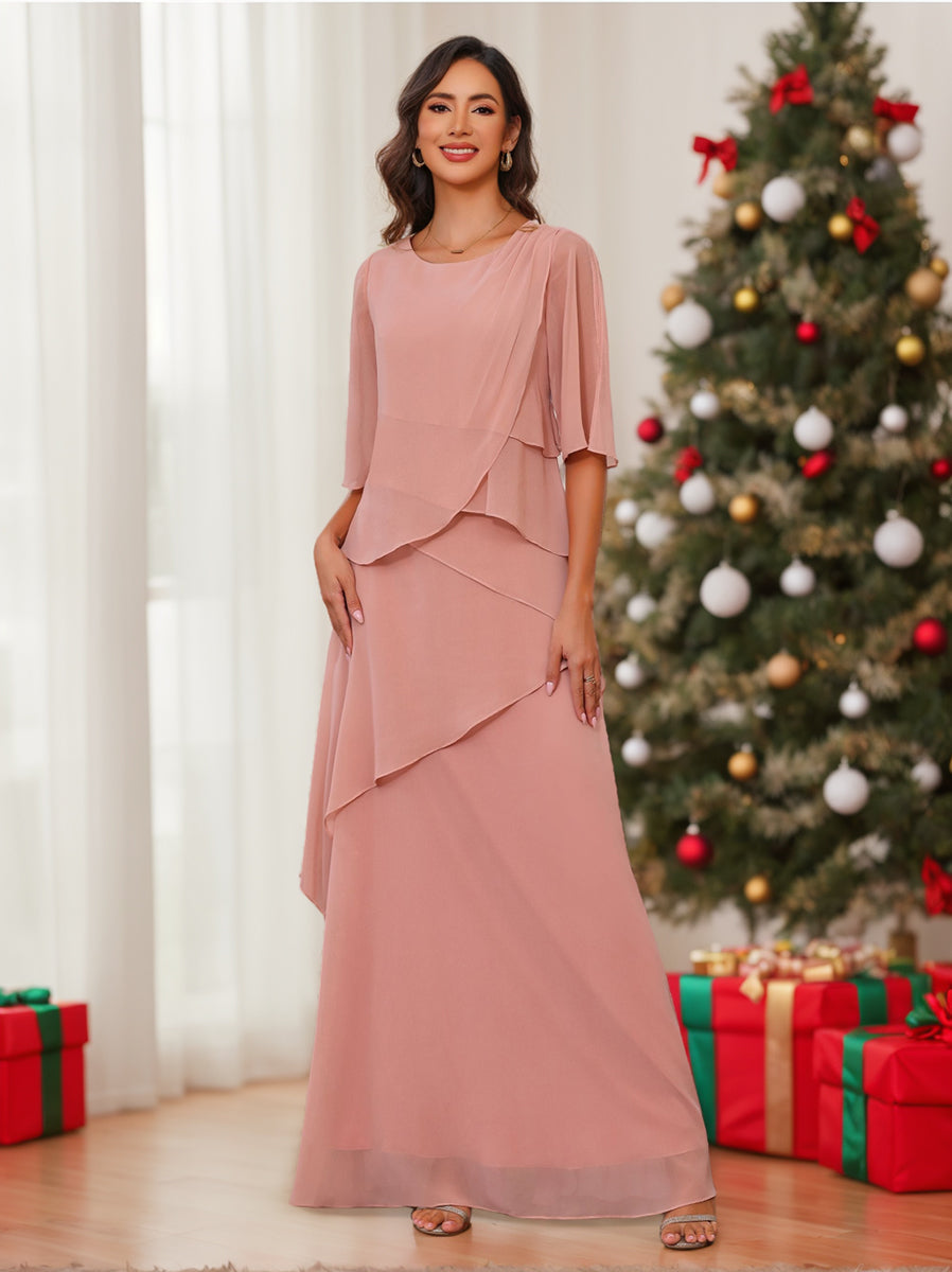 Long A Line Gown with Scoop Neck and Ruffled Half Sleeves