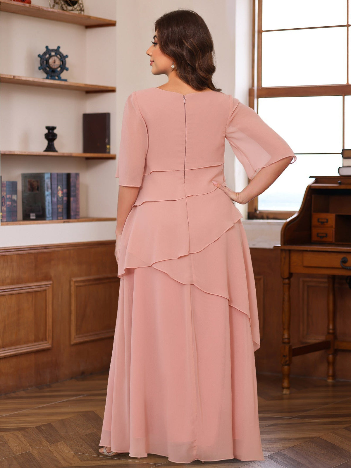 Long A Line Gown with Scoop Neck and Ruffled Half Sleeves