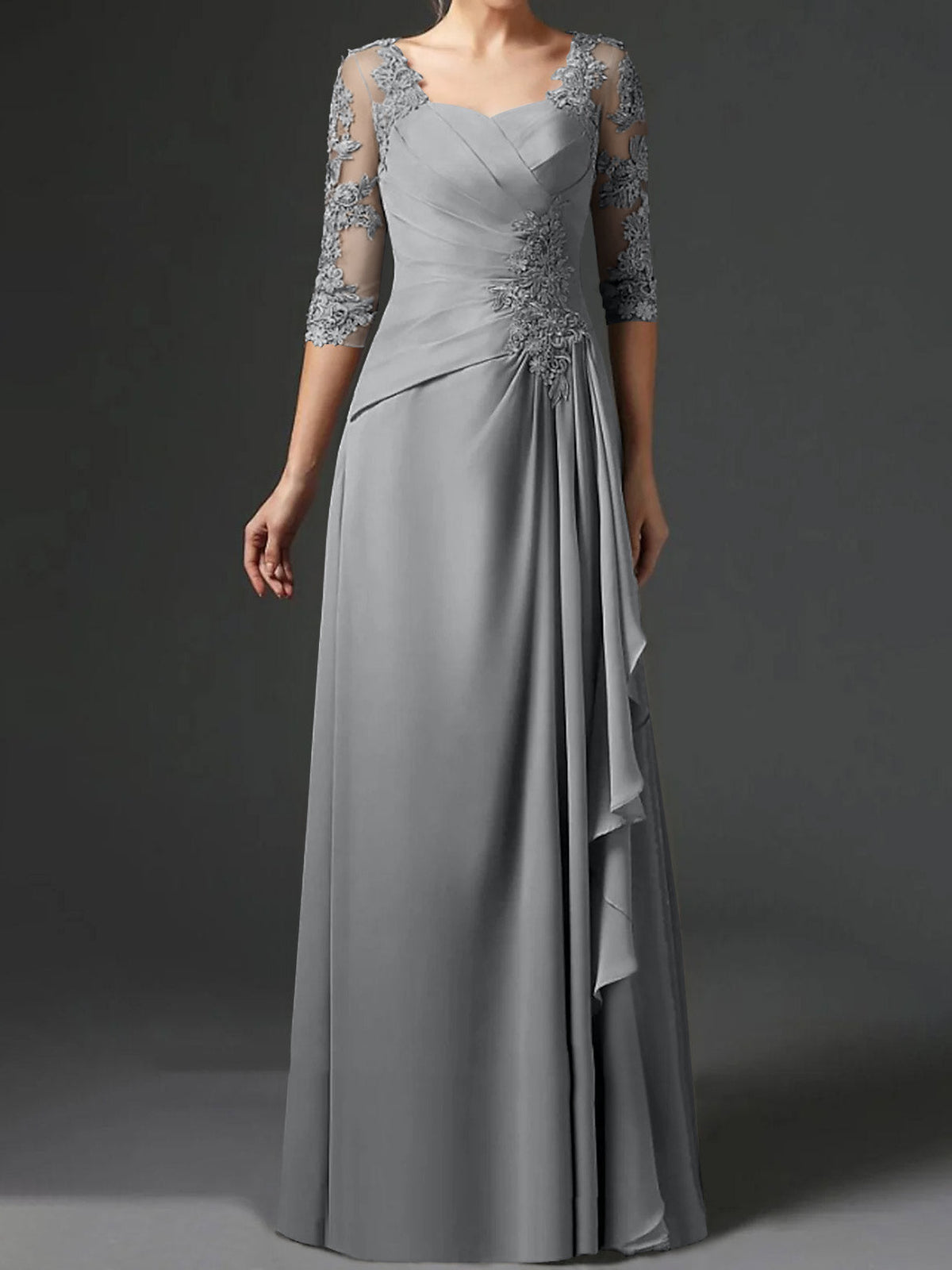 Long A Line Gown with Square Neck and Half Sleeves
