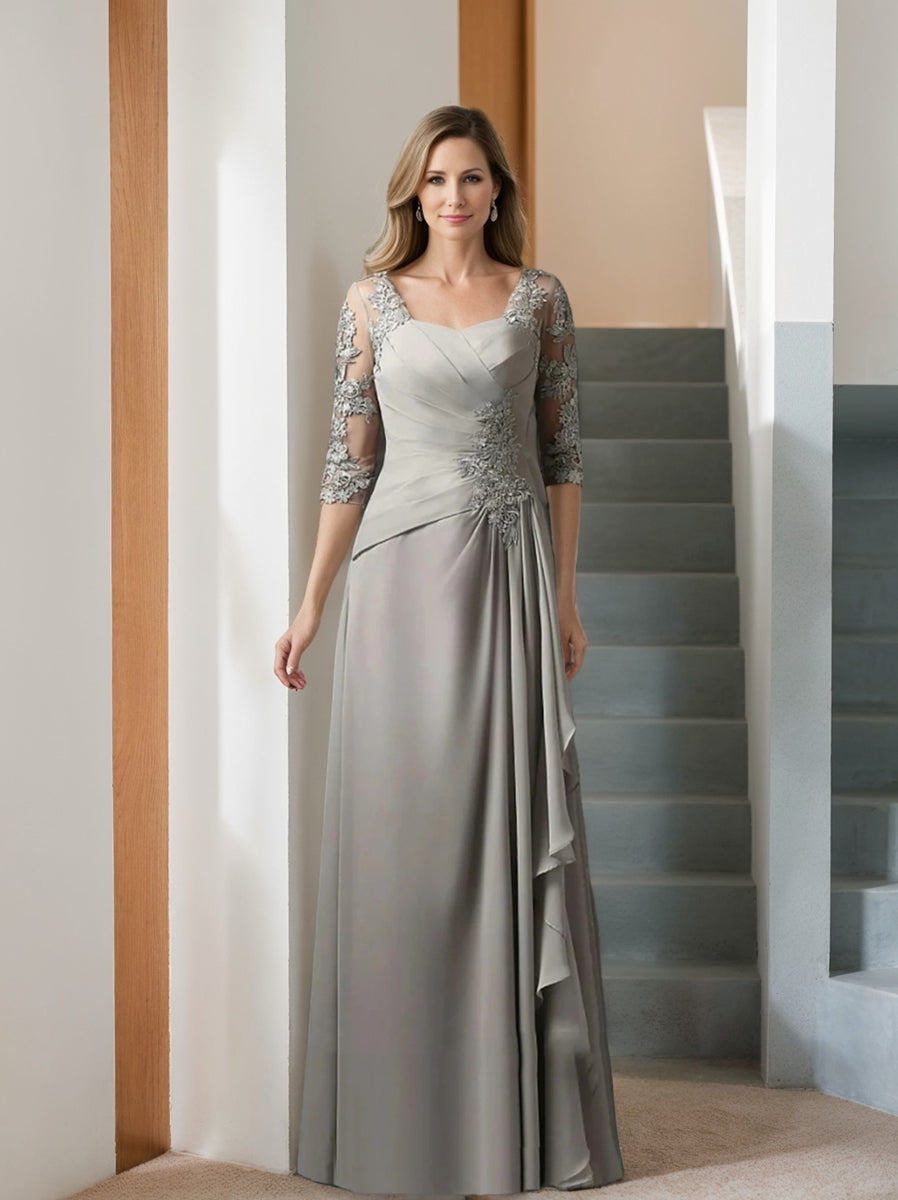 Long A Line Gown with Square Neck and Half Sleeves