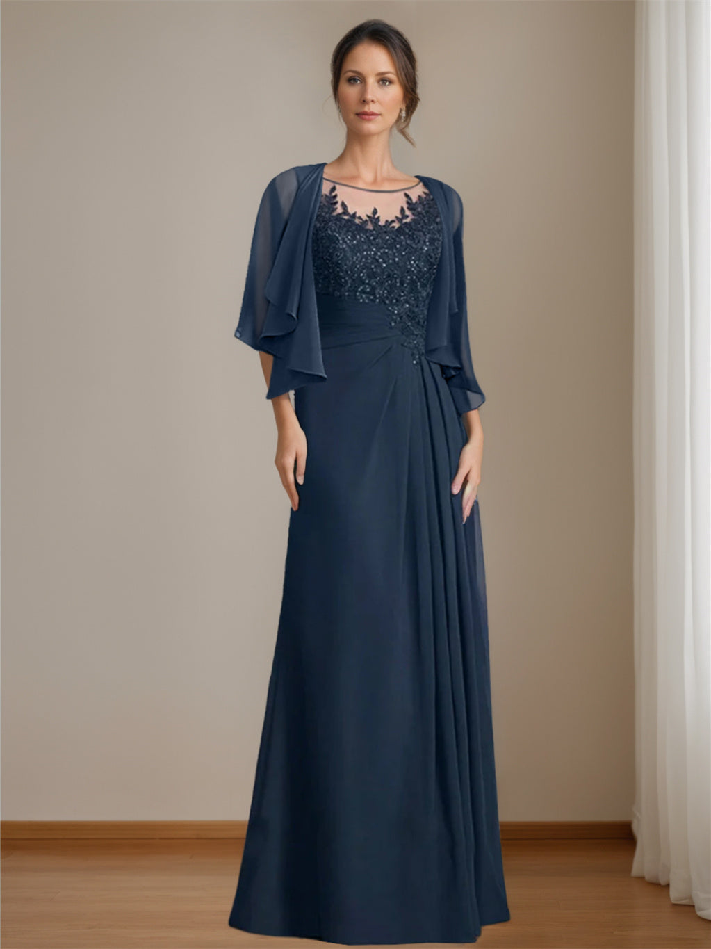 Long A Line Mother of the Bride Dress with Scoop Neck Pleats and Sequins