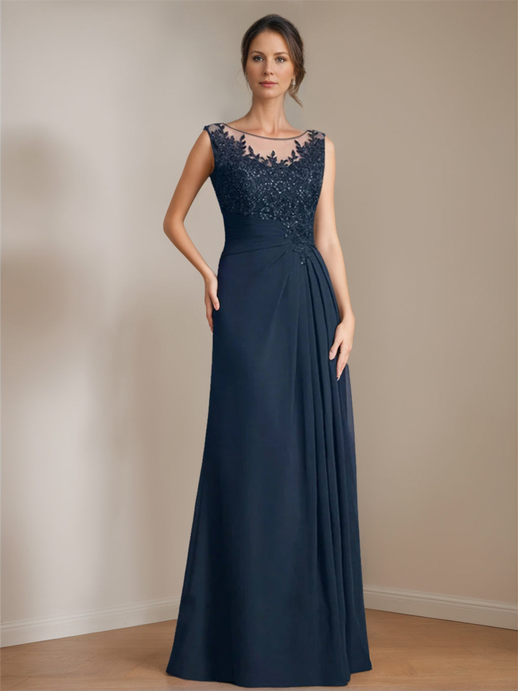 Long A Line Mother of the Bride Dress with Scoop Neck Pleats and Sequins