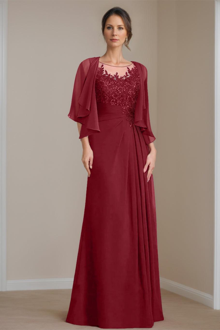 Long A Line Mother of the Bride Dress with Scoop Neck Pleats and Sequins