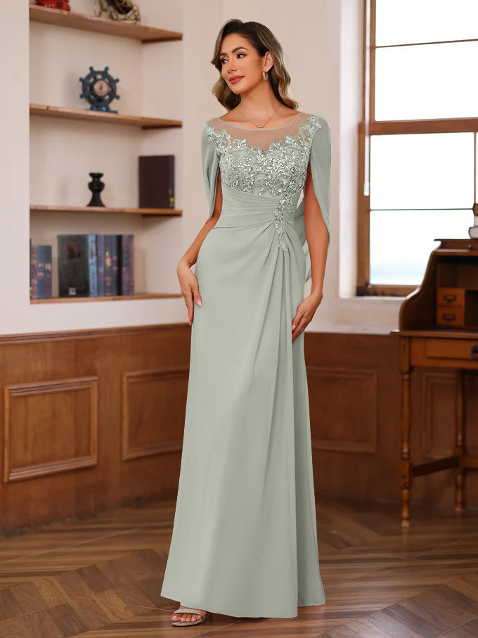 Long A Line Scoop Mother of the Bride Dress with Pleated & Sequins