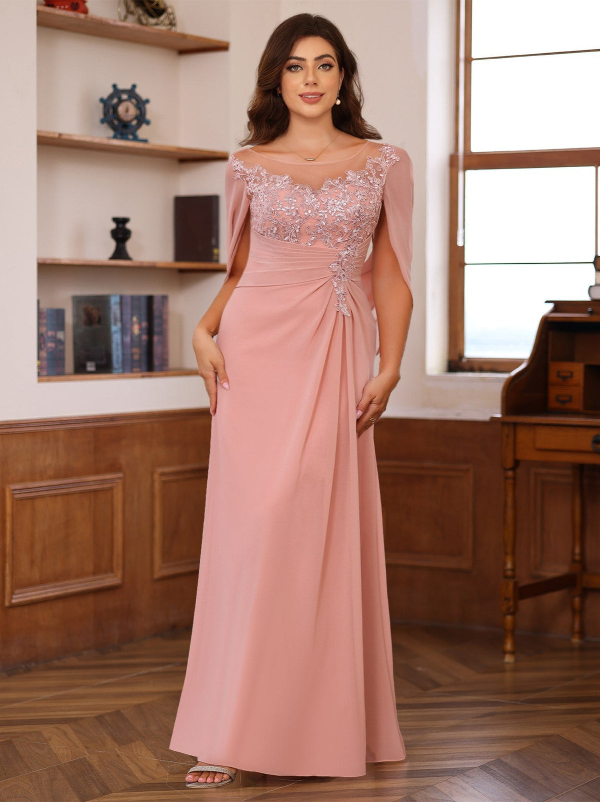 Long A Line Scoop Mother of the Bride Dress with Pleated & Sequins