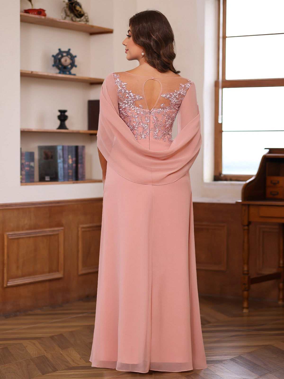 Long A Line Scoop Mother of the Bride Dress with Pleated & Sequins