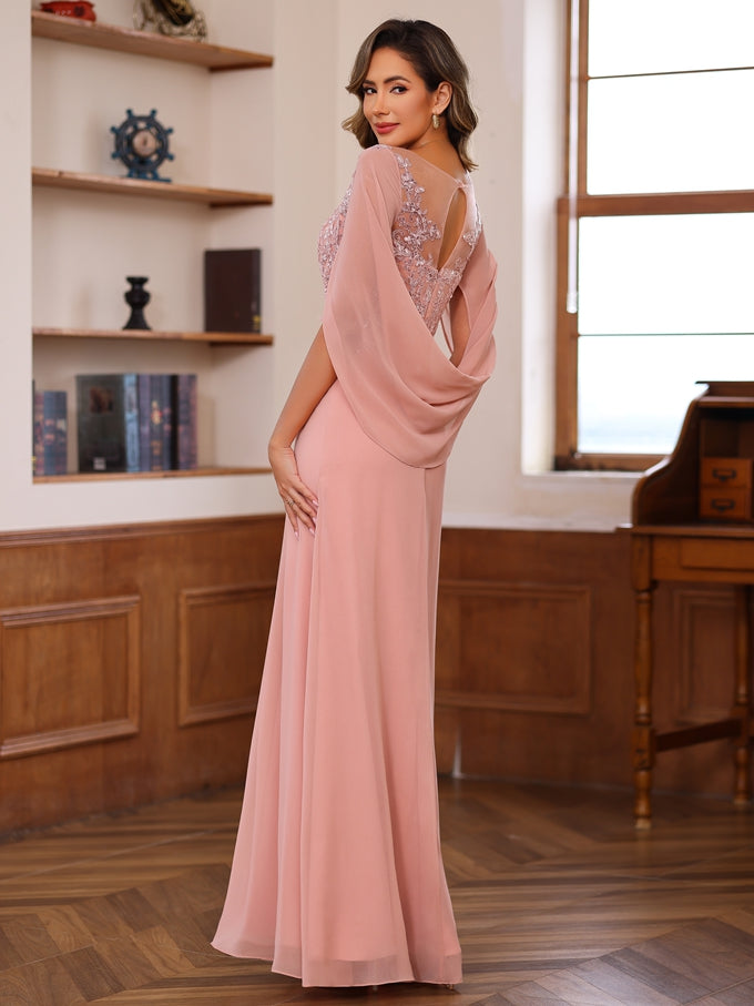 Long A Line Scoop Mother of the Bride Dress with Pleated & Sequins