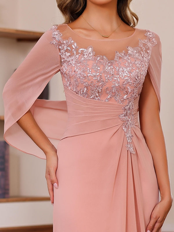 Long A Line Scoop Mother of the Bride Dress with Pleated & Sequins