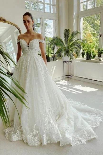 Floor-Length A-Line Sweetheart Off-The-Shoulder Tulle Appliques Wedding Dresses with Lace (ZD15745) - VelvetHem