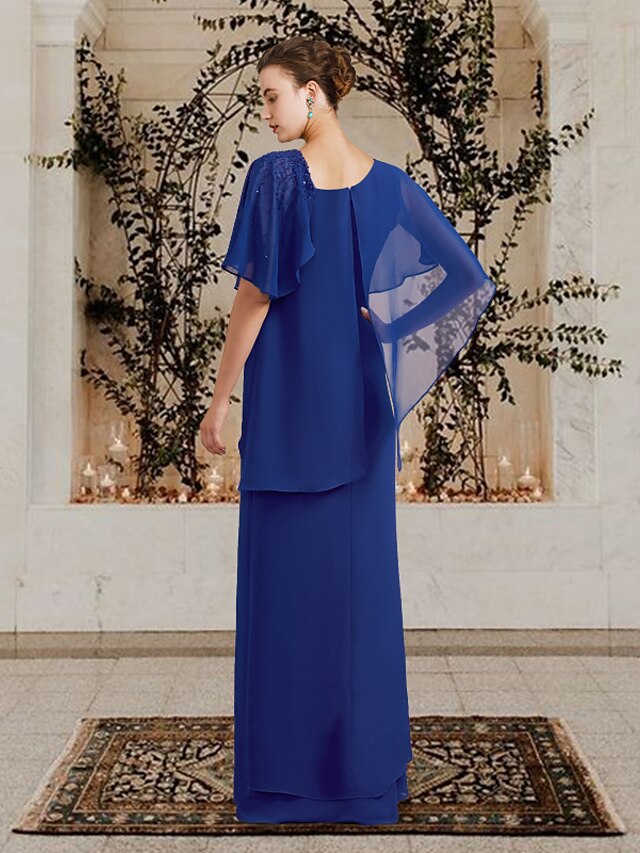 Long Bateau Neck Mother of the Bride Sheath Column Dress