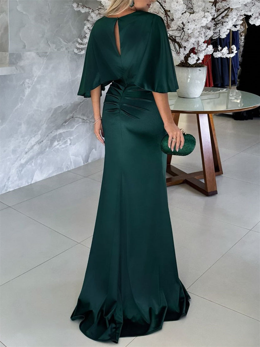 Long Belted Mother of the Bride Dress with 1 2 Sleeves and Sheath Column Scoop Neckline