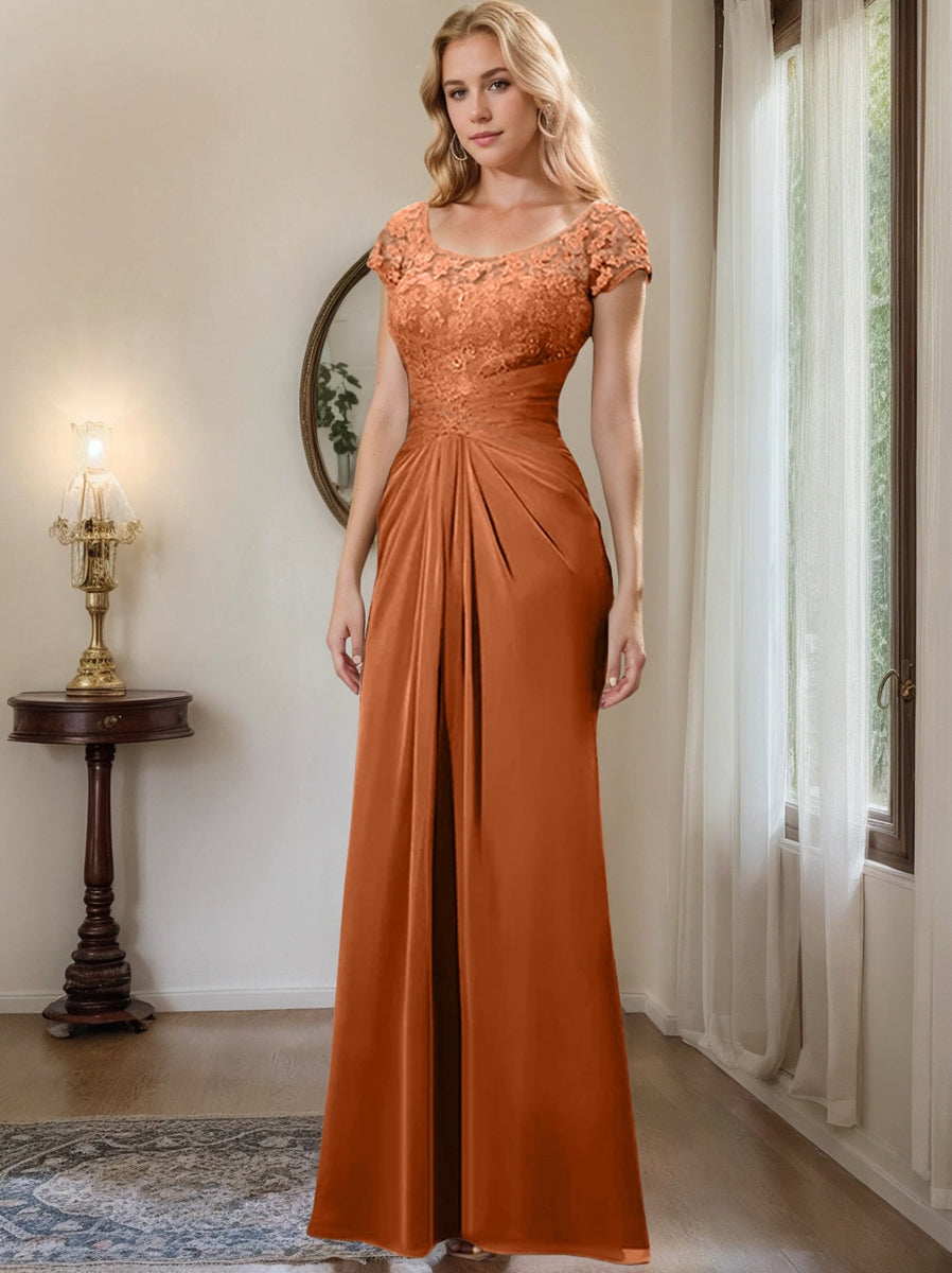 Long Chiffon Mother of the Bride Dress with Lace Ruffle and Sheath Column Scoop