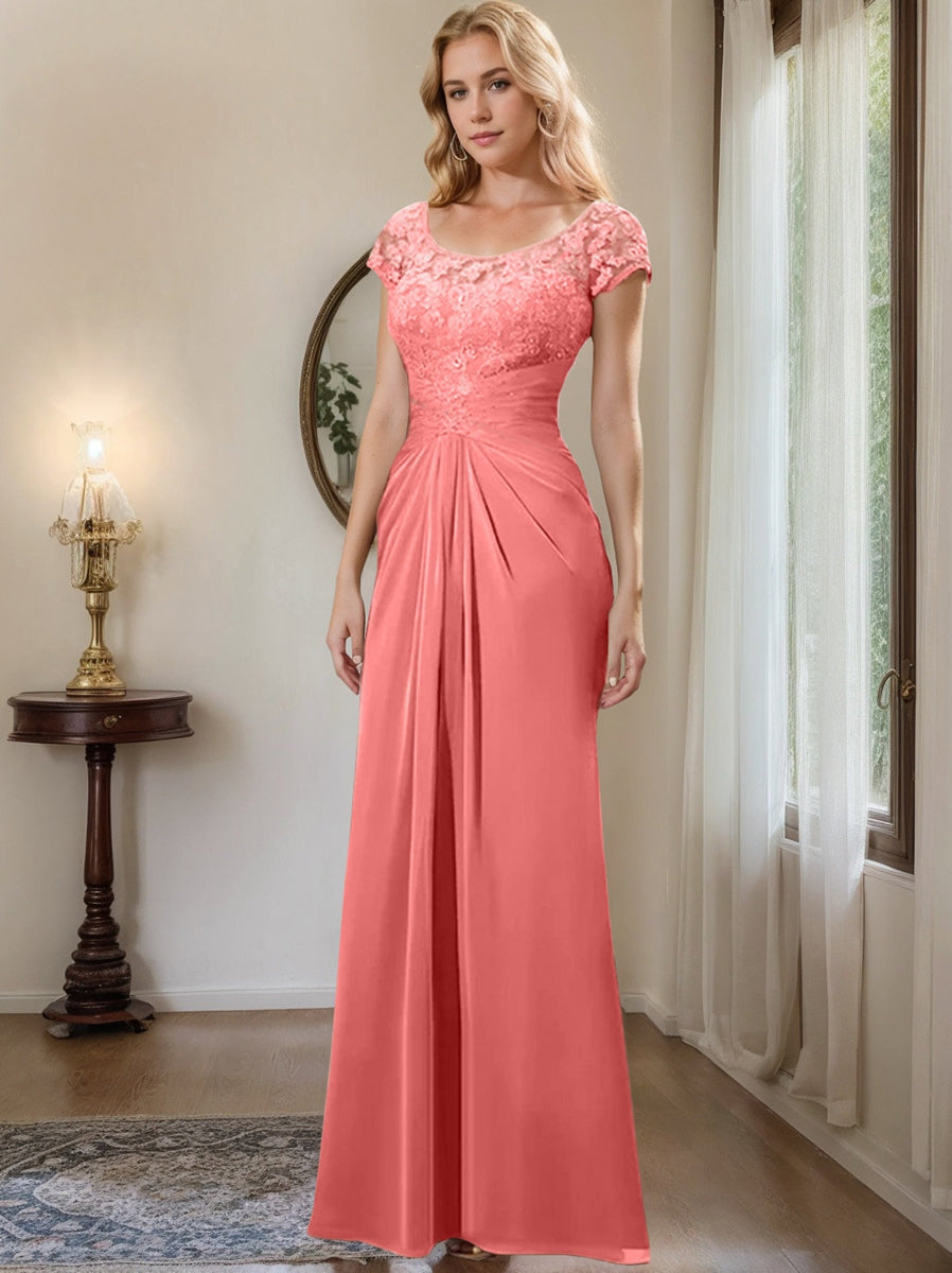 Long Chiffon Mother of the Bride Dress with Lace Ruffle and Sheath Column Scoop