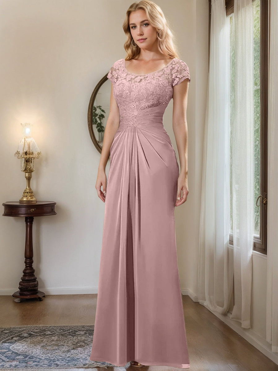 Long Chiffon Mother of the Bride Dress with Lace Ruffle and Sheath Column Scoop