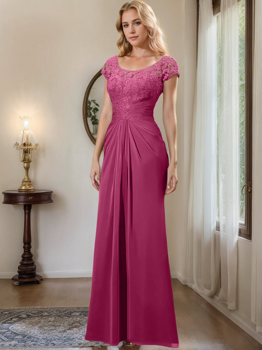 Long Chiffon Mother of the Bride Dress with Lace Ruffle and Sheath Column Scoop