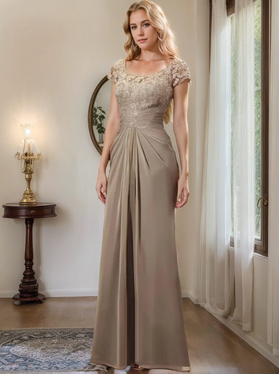 Long Chiffon Mother of the Bride Dress with Lace Ruffle and Sheath Column Scoop