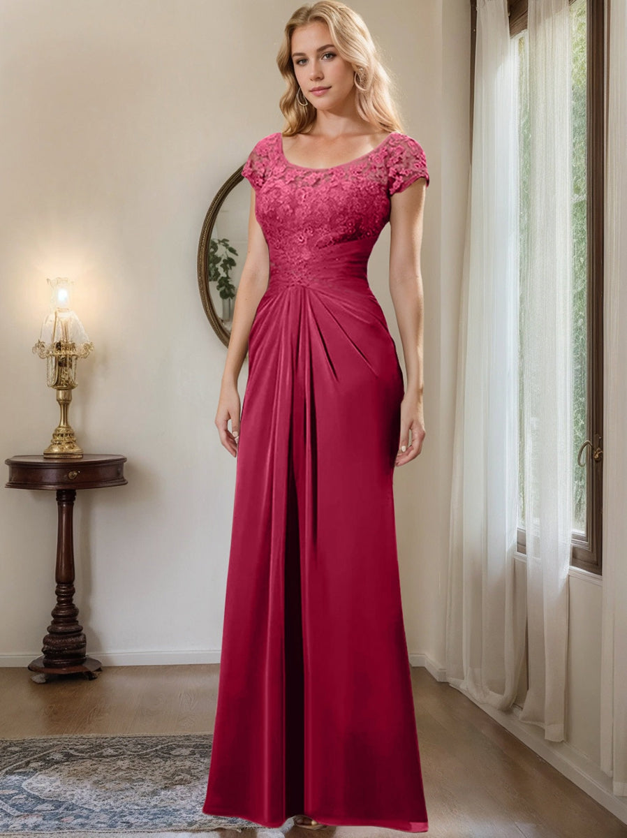 Long Chiffon Mother of the Bride Dress with Lace Ruffle and Sheath Column Scoop