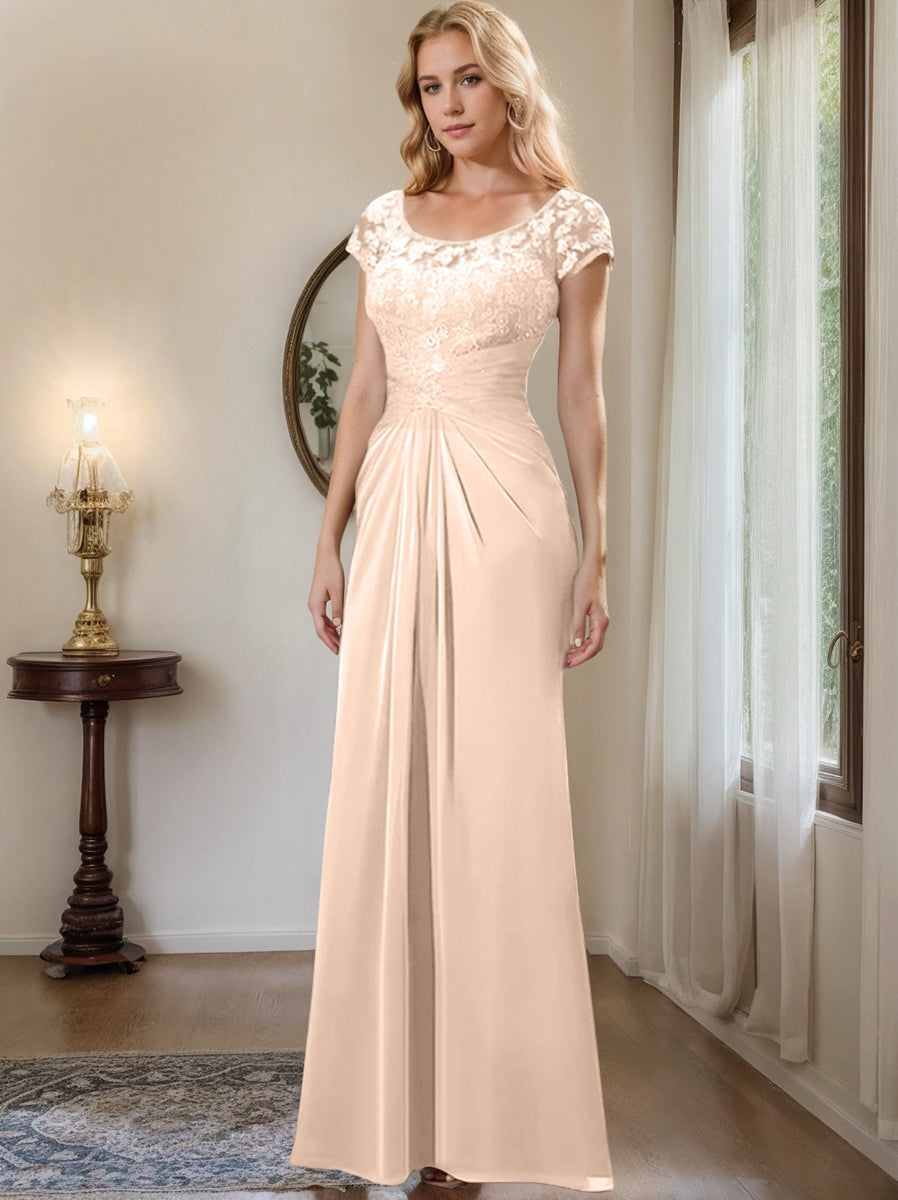 Long Chiffon Mother of the Bride Dress with Lace Ruffle and Sheath Column Scoop