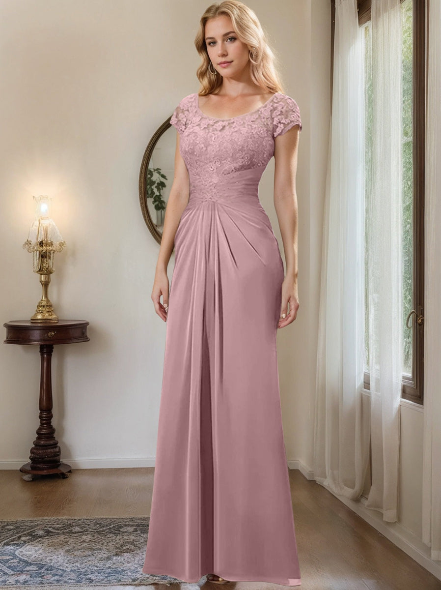Long Chiffon Mother of the Bride Dress with Lace Ruffle and Sheath Column Scoop