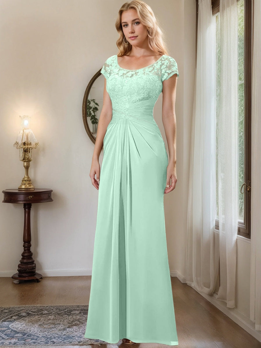 Long Chiffon Mother of the Bride Dress with Lace Ruffle and Sheath Column Scoop