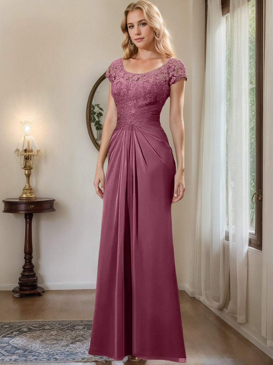 Long Chiffon Mother of the Bride Dress with Lace Ruffle and Sheath Column Scoop